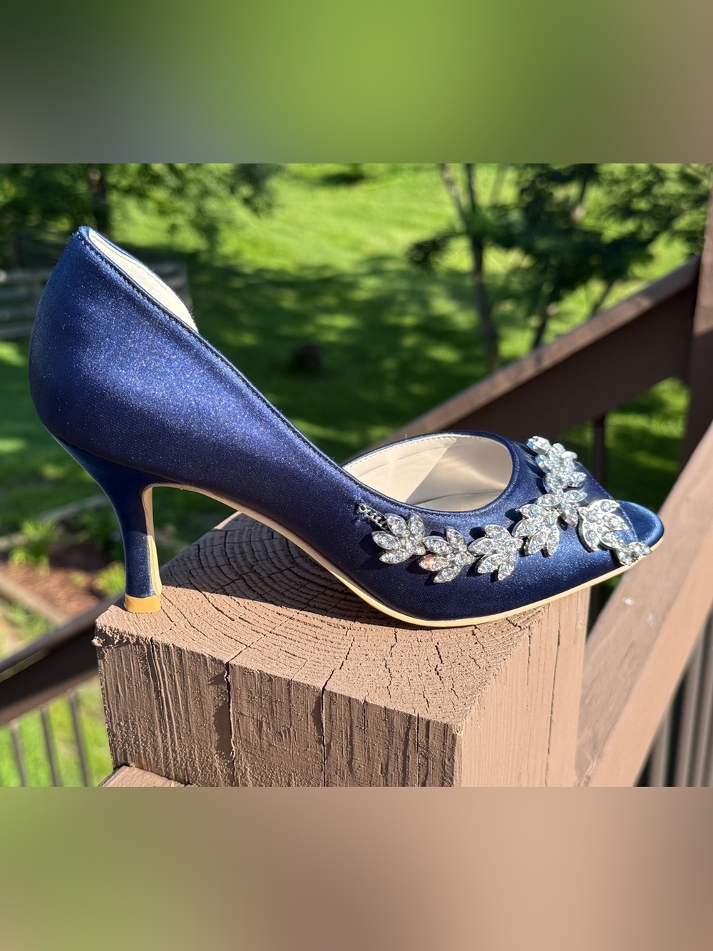 Heels sz 7 prom formal Blue Satin Peep-Toe Heel crystal accents